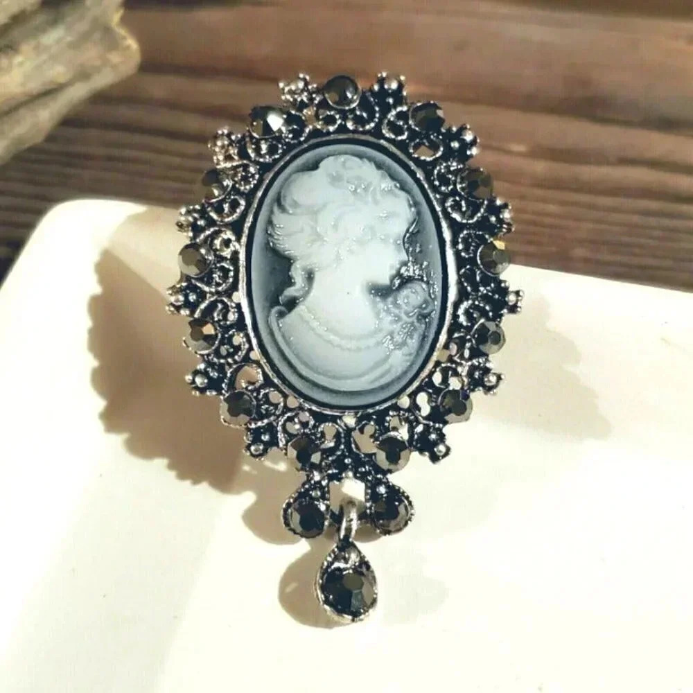 Antique Brass Bronze Victorian Style Lacy Cameo Crystal Sweater Lapel Pin Brooch
